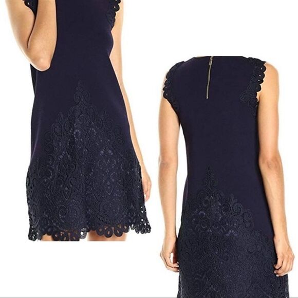Ted Baker L Navy Lucia Knit Sleeveless Lace Trim Back Zip Shift Dress - Picture 3 of 15